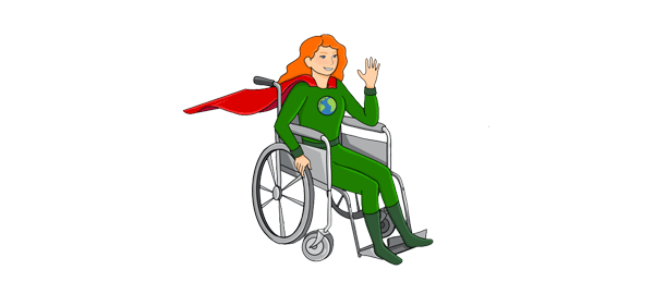 A child in a wheelchair in a superhero costume with a globe on the chest representing Lesson 4