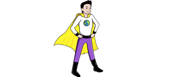 A child in a superhero costume with a globe on the chest representing Lesson 8