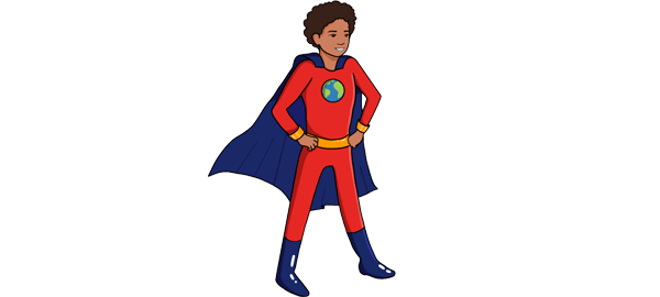 A child in a superhero costume with a globe on the chest representing Lesson 9