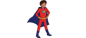 A child in a superhero costume with a globe on the chest representing Lesson 6